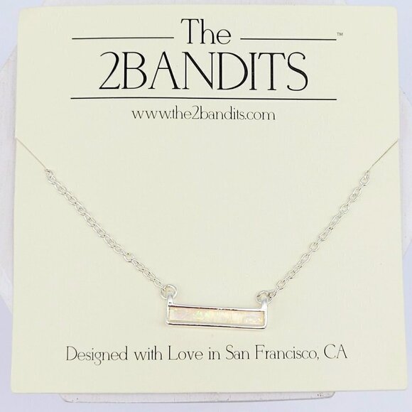 The 2Bandits Athens Iridescent Faux Opal Bar Necklace Silver Tone Minimalist New - Picture 1 of 4